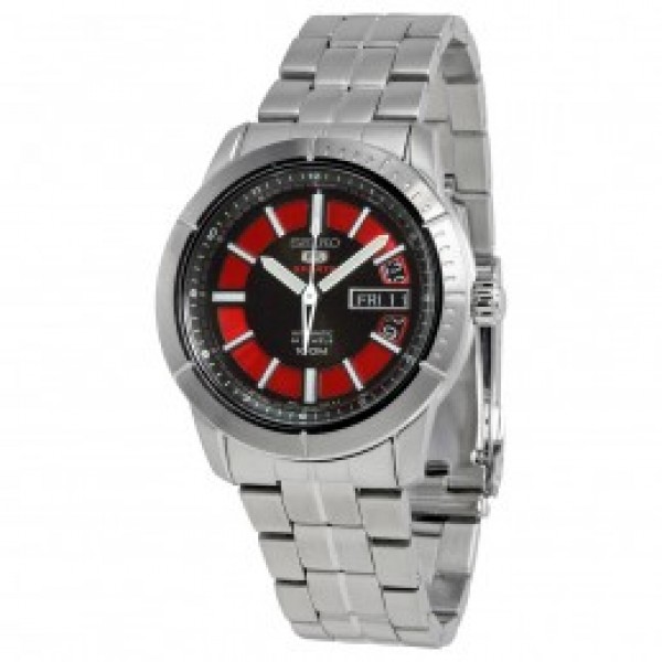 Seiko 5 Black And Red Dial Stainless Steel Men's Watch