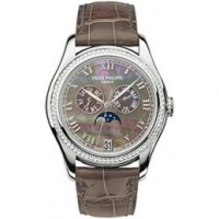 Patek Philippe Black Mother of Pearl Dial 18kt White Gold Brown Leather Automatic Diamond Ladies Watch